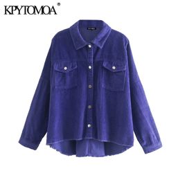 KPYTOMOA Women Fashion Pockets Oversized Corduroy Jacket Coat Vintage Long Sleeve Frayed Tassel Female Outerwear Chic Tops 201017