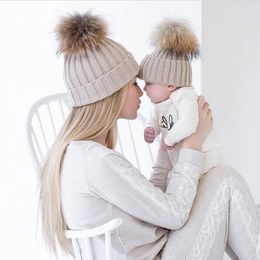 luxury- Mom and Baby Matching Knitted Hats Warm Fleece Crochet Beanie Hats Winter Mink PomPom Kids Children Mommy Headwear Hat Caps Y191112