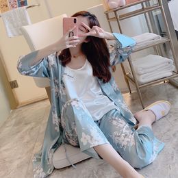 Nightwear Sleepwear Women Pajamas Sets Silk Homewear Flower Print Ladies Pyjamas 3 Pieces Pijamas Femme Nightsuits Home Clothes 201113