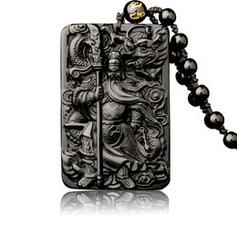 Natural Obsidian Pendant with Beads Chain Dragon Guan Gong Guan Yu Hold Broadsword Knight Pendant Necklace for Men/women Jewelry 201014