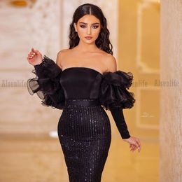 Vestidos De Cocktail Black Sequin Off the Shoulder Short Evening Dress Prom Party Gowns celebrity sukienki