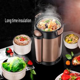 Double-Wall Vacuum Lunch Box 24 Hours Insulation Food Container Adult Kids Thermos Bucket Free Heat Preservation Bag and Spoon T200710