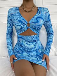 Marble Print Ring Linked Peekaboo Front Bodycon Dress SHE