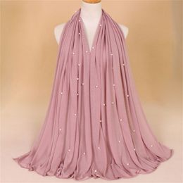 21 Colours 180*80cm Plain Jersey with Beads Hijab Wrap Cotton Elastic Islam Shawls Pearl Maxi Scarf Muslim Headband Foulard Sjaal Y201007