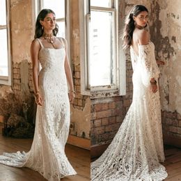 2021 New Wedding Dresses Spaghetti Straps Lace Appliques Bridal Gowns Custom Made Sexy Open Back Sweep Train Wedding Dress Rue De Seine