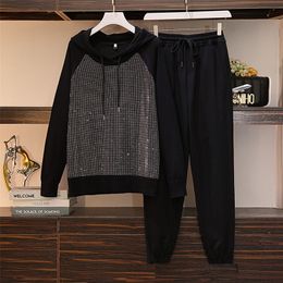 Plus size women's two piece suit 2020 autumn casual loose sports knitted hooded sweatshirt + casual pants fashion two piece set LJ201012