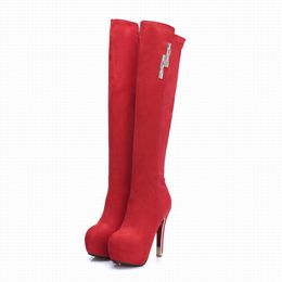 Vendita calda - Stivali da donna con tacco alto e tacco alto per l'inverno con plateau spesso pietre brillanti sopra il ginocchio stivale a punta tonda