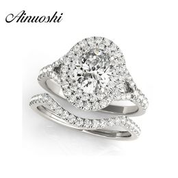 AINUOSHI 925 Sterling Silver White Gold Colour Queen Anniversary Ring Sets Sona 3 Carat Oval Cut Wedding Halo Bridal Ring Sets Y200106