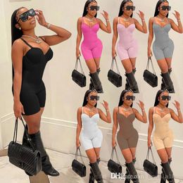 Women Skinny Shorts Jumpsuit 2022 Summer Sexy Suspenders Backless Slim Fit Fashion Casual Rompers With Breast Cotton