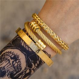 3pcs/Set Roman Numeral Mens Bracelets Stainless Steel Jewellery Hemp Rope Buckle Open Bangles Gold Pulseira Bileklik Bracelet Hip Hop Jewellery