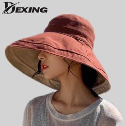 Reversible Foldable Cotton Sun Hat for Women Summer Wide Brim UV Protection Panama Beach Hat Ladies Girls Outdoor Korean Sea hat Y200714