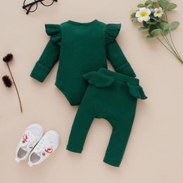 Clothing Sets 2Pcs Baby Girls Outfit Autumn Solid Color Long Sleeve Round Collar Hand-wrapped Romper Lace Splicing Pants Set Fashion Cut