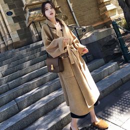 Women Winter Elegant Bandage Wool Blend Women Fashion Long Cardigan Coats Woollen Overcoat Oversize Outwear Wholesale OEM LJ201106