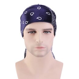 Velvet Unisex Durag Turban Floral Print Bandanas Cap Men Long Tail Breathable Hair Accessories