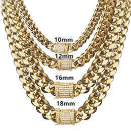 6-18mm Wide Stainless Steel Cuban Miami Chains Necklaces CZ Zircon Box Lock Big Heavy Gold Chain HipHop Jewellery