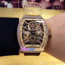 New YachTing 44mm Automatic Mens Watch Rose Gold Diamond Bezel Yellow Inner Skeleton Dial Brown Leather Rubber Watches Timezonewatch FM143a2