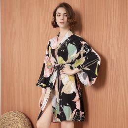 JULY'S SONG New Spring Thin Cotton-silk Women Nightgown Flower Printed Long-sleeve Strap Pajamas Bathrobe for Female 210203