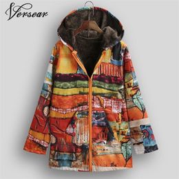 Versear Ethnic Women Jacket Colourful Graffiti Print Faux Fur Lining Hooded Coats Casual Long Sleeve Pockets Outerwear Plus Size LJ200813