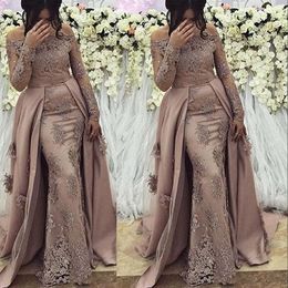 2023 Sexy Arabic Evening Dresses Wear for Women Off the Shoulder Mermaid Long Sleeves Overskirts Lace Crystal Beaded Formal Prom Party Gowns