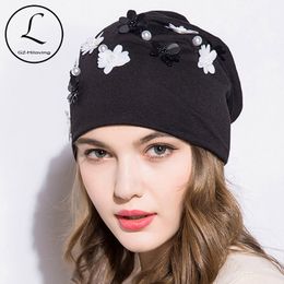 GZHILOVINGL New Spring Winter Women Ladies Solid Color Skullies And Beanies Womens Girls Slouchy Pearl Flower Beanies Hat Y200102
