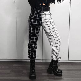 Rosetic Checkerboard Plaid Casual Pants Women Black White Print Patchwork Gothic Hip Hop Streetwear Girl Sweatpants Jogger 201228