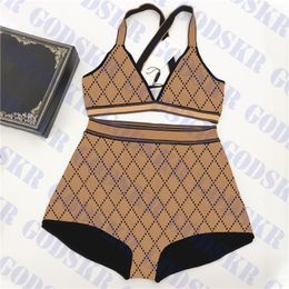 Brown Womens Underwear Bikini Set Letter Jacquard Swimwear Fashion Knit Swimsuit Split Bikinis 604442