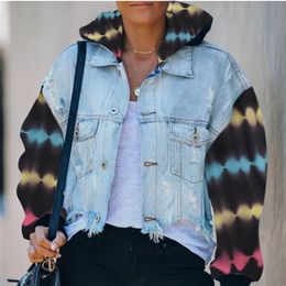 Women's Tie Dye Hooded Autumn Denim Jackets Hole Batwing Sleeve Patchwork Pocket Coats Female Fashion Streetwear Lady Tops 201106