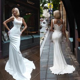 2021 New Wedding Dresses Square Neck Lace Satin Bridal Gowns Custom Made Backless Sweep Train Modern Mermaid Wedding Dress