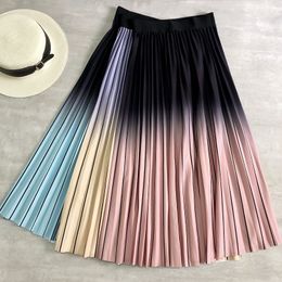 2021 Early Spring New Elastic High Waist Slimming Gradient Color Stripes Women Pleated Skirt A-line Long Skirt Free Shipping Y1214