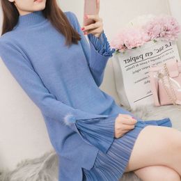 Fake Two Knitted Dress Female Autumn Winter Flared Sleeves Casual Loose Pleated Dresses Women Chiffon Stitching Turtle-neck 201028