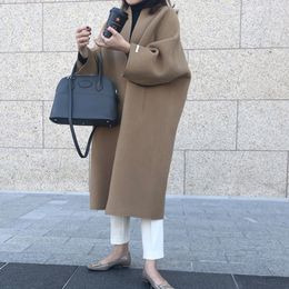 Минималистский корейский негабаритный длинный пальто Женщины осень зима шерстяная смесь на улице Элегантная женская шерстяная куртка пальто 2020 LJ201201