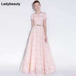 Ladybeauty Banquet Elegant Evening Dress Simple Pink Lace Floor-length Formal Dresses with Belt Custom Party Gown Robe De Soiree 201114