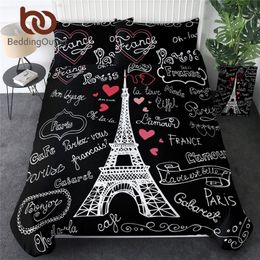 BeddingOutlet France Paris Tower Bedding Set Black and White Bed Set Romantic Letters Heart Print Quilt Cover Soft Home Textiles 201210