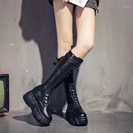 Spring Women's Square Heel Lace-Up Knee High Long Boots Fashion Bling Rhinestone Leather Platform Boots Black Zapatos De Mujer1