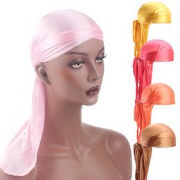 2020 New Men Women long Silk Satin Turban Hat Wigs Doo Durag Biker Headwrap Chemo Cap Long tail Pirate Hat Men Hair Accessories