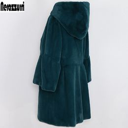 Nerazzurri Faux Fur Coat Woman With Hood Flare Sleeve Three Quarter Pleated Large size Furry Colored Fake Fur Jacket 5xl 6xl 7xl 201029