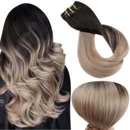 Highlights Clip in Human Hair Extensions Balayage color #1b natural black fading to #18 Ash Blonde Ombre Clips on Extension 120g/8pcs