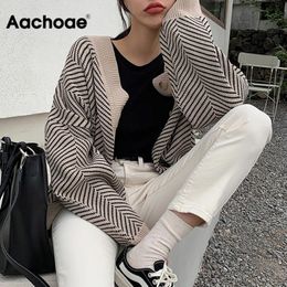 Aachoae Knitted Striped Cardigan Sweater Women Fashion Patchwork Top Spring Long Sleeve Casual Outwears V Neck Buttons Coat 210204
