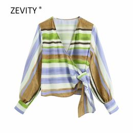 New women vintage cross v necl Colourful striped print casual smock blouse lady long sleeve hem bow tied shirt kimono tops LS6960 201201