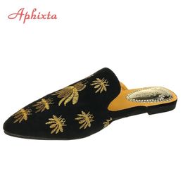 Aphixta Women Shoes Fashion Spider Slippers Shallow Embroidery Low Heel Flat With Autumn Floral Point Toe Outdoor Black Slippe Y200628