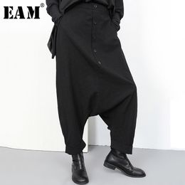 [EAM] New Spring Autumn High Elastic Waist Black Button Split Joint Wide Leg Long Loose Pants Women Trousers Fashion YG2 201119