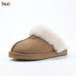 INOE Sheepskin Suede Leather Natural Fur Lined Women Winter Slippers Home Shoes Indoor House Shoes for Woman Warm Half Slippers Y200107