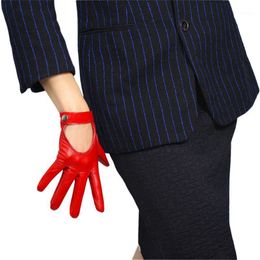 Five Fingers Gloves Fashion Ladies Leather Pure Sheepskin Locomotive Hand Back Short Button Silk Lined Touch Screen Red TBLB031