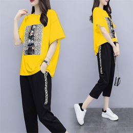 Summer Casual Plus Size 2 Piece Se Clothing Women Tracksuit Short Sleeve Tops+ Pants Streetwear Free Shipping