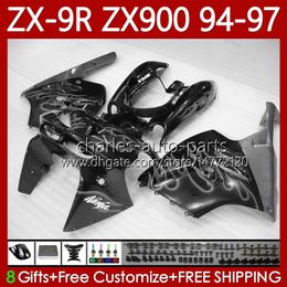 OEM Bodywork For KAWASAKI NINJA ZX-9R ZX 9R 9 R 900 CC ZX-900 1994-1997 Grey Flames Bodys 100No.166 ZX9 R ZX900 ZX900C 1994 1995 1996 1997 900CC ZX9R 94 95 96 97 Fairing Kit