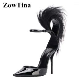 Black Patent Leather Women Dress Pumps Ankle Strap High Heels Formal Party Shoes Feather Decor Zapatos Mujer Pointed Toe Sandals1