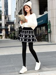 fake two-piece leggings women wear autumn and winter plus velvet thick pleated skirt leggings LJ201104