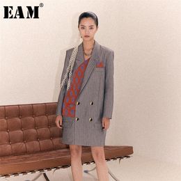 [EAM] Loose Fit Grey Pattern Print Split Joint Long Jacket New Lapel Long Sleeve Women Coat Fashion Spring Autumn 1B902 201112