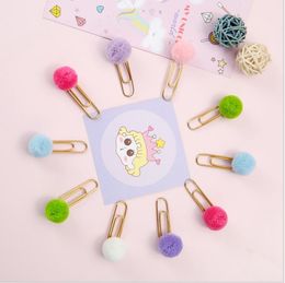 Women Girl Candy color Pom Ball Paper filing Clips Notes Decoration DIY Bookmark Metal Binder Clip Note Letter ClipPins LLS769-WLL