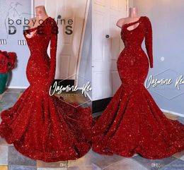 Bling Bling Red Sequined Prom Dresses Vintage One Shoulder Long Sleeve Ruched Evening Gowns Plus Size Formal Party Wear BC3613